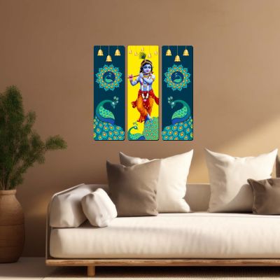 Lord Krishna Wooden Wall Hanging Art  Divine Bal Gopal Flute Playing Artwork for Living Room, Pooja Mandir, and Home Decor